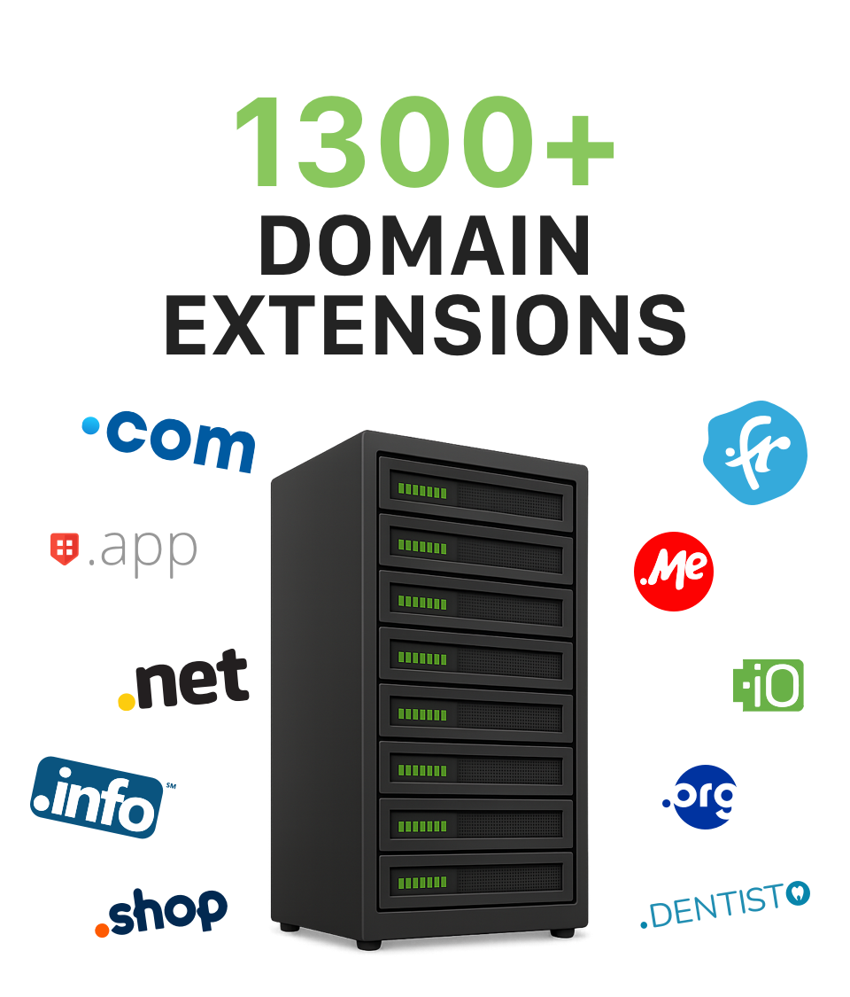 Cloud hosting services illustration showing servers, domain management, and professional email solutions